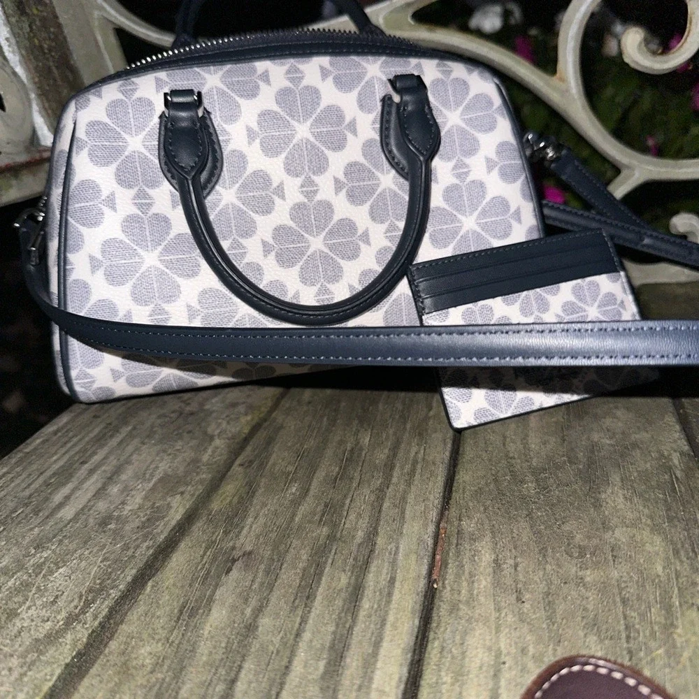 Kate Spade‎ Spade Flower Monogram Satchel Crossbody Bag and Card Holder Set Blue